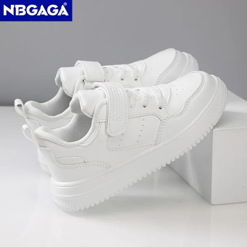 Kids' Black Leather Sneakers – Non-Slip Casual Walking & Tennis Shoes for Boys and Girls