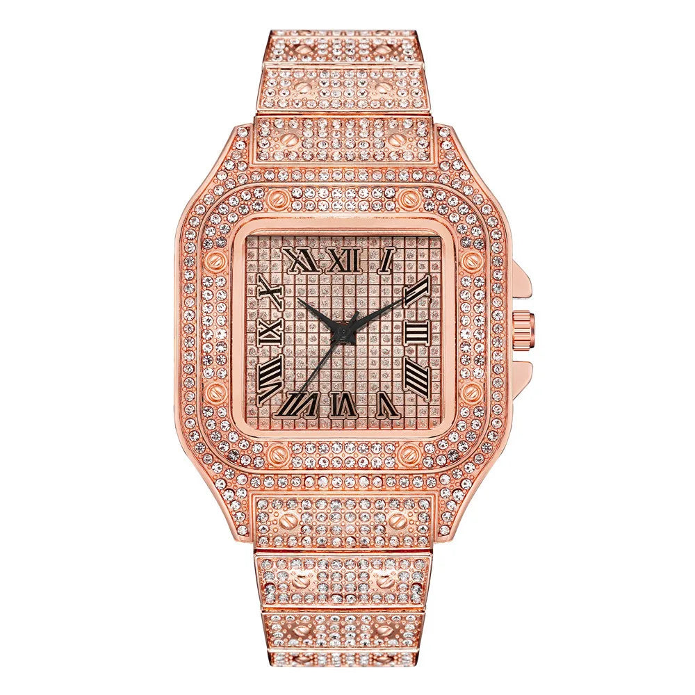 Luxury Men’s Square Quartz Watch - Steel Strap Roman Numeral Rhinestone Business Wristwatch for Casual Style