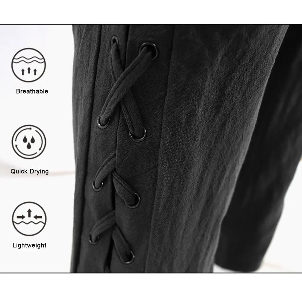 Men’s Pirate & Viking Costume Pants – Renaissance Medieval Drawstring Shorts for Halloween Cosplay