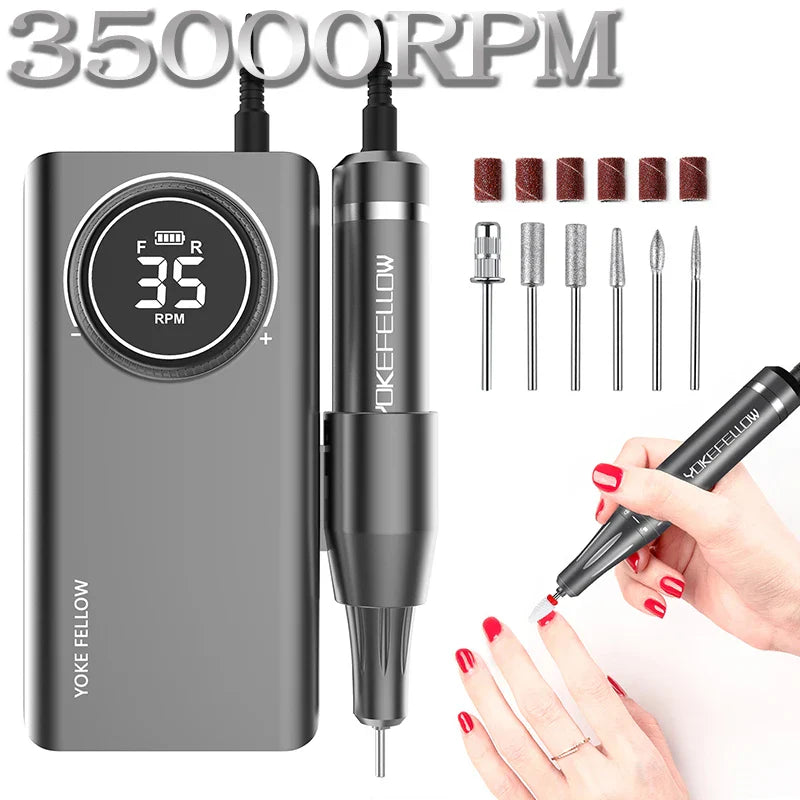 YOKEFELLOW Professional Nail Drill Kit – 35000RPM Rechargeable Electric Nail File for Manicure, Acrylic & Gel Nails