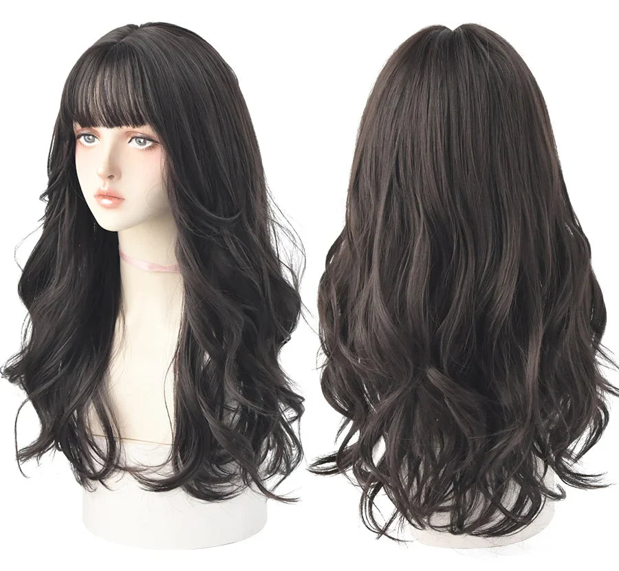 7JHH Brown Ash Long Deep Wave Lolita Wig for Women — Synthetic Hair with Bangs, Thick Curly Fashion Wig