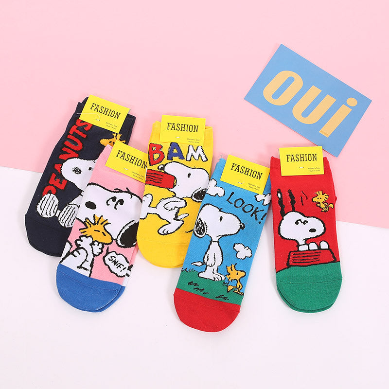 5 Pairs Snoopy Women’s Low-Cut Socks – Retro Cotton Blend Casual Short Socks