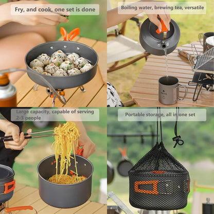 Camping Cookware Set — Non-Stick Cooking Pots, Teapot & Travel Tableware for 2-3 People, Outdoor Picnic Set