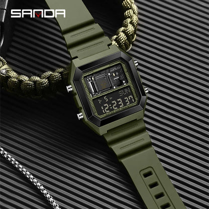 SANDA 6216 Men's Digital Sport Watch - Square LED Display, Waterproof Alarm & Stopwatch