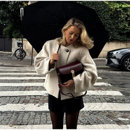 2024 Women's Elegant Solid Wool Blend Cardigan Coat – Round Neck, Single Button, Long Sleeve High Street Outwear