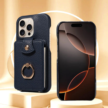 PU Leather iPhone Case with Ring & Card Slots – Anti-Fall Wallet Cover for iPhone 16 Pro Max, 15, 14, 13, 12, 11, 7, 8 Plus & 16e