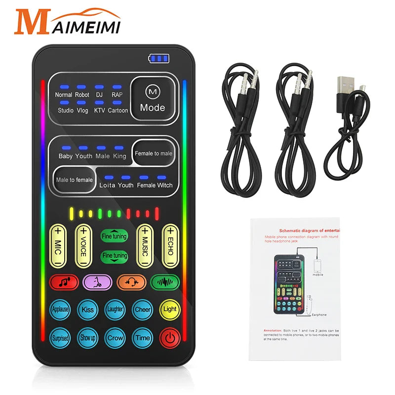 i9 Mini Voice Changer Sound Card – Portable Bluetooth Audio Effects Mixer for Live Streaming, Mic & Multi-Effect Voice Control