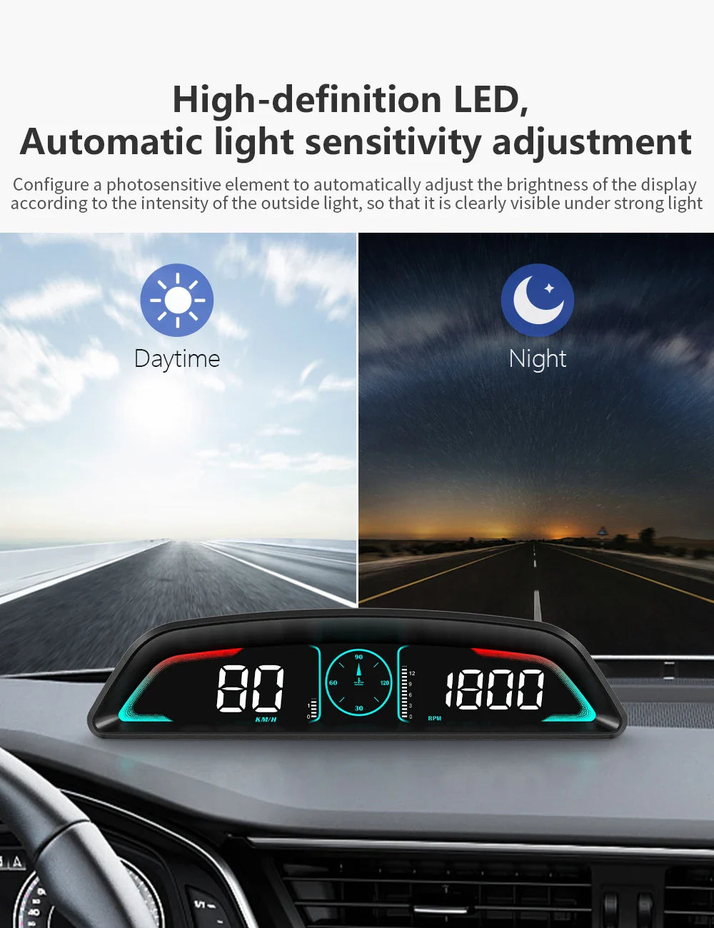 Multi OBD Meter B3 HUD – Speed, RPM, Water Temp, Fuel, Time with Overspeed, Voltage Alarm & Drive Reminder