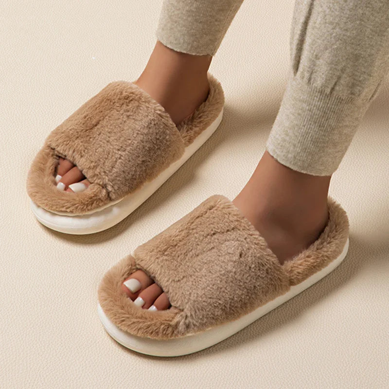 Women’s White Fluffy Slippers – Thick-Soled Winter Soft Faux Fur Cotton Indoor Anti-Slip House Slides