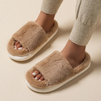 Women’s White Fluffy Slippers – Thick-Soled Winter Soft Faux Fur Cotton Indoor Anti-Slip House Slides