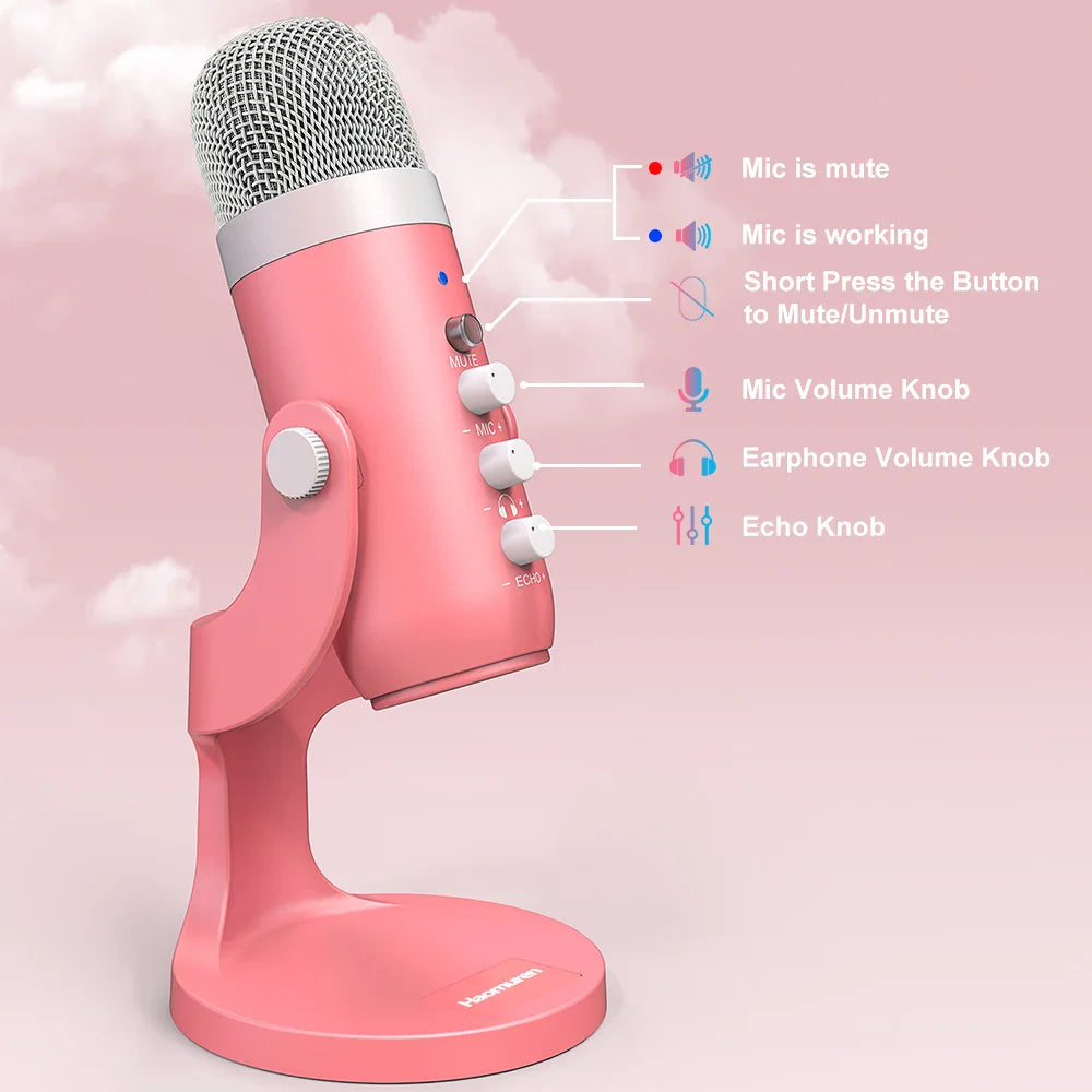 Haomuren USB Condenser Microphone – Pink Studio Mic for PC, Mac, Phone, Gaming, Streaming & Podcasting