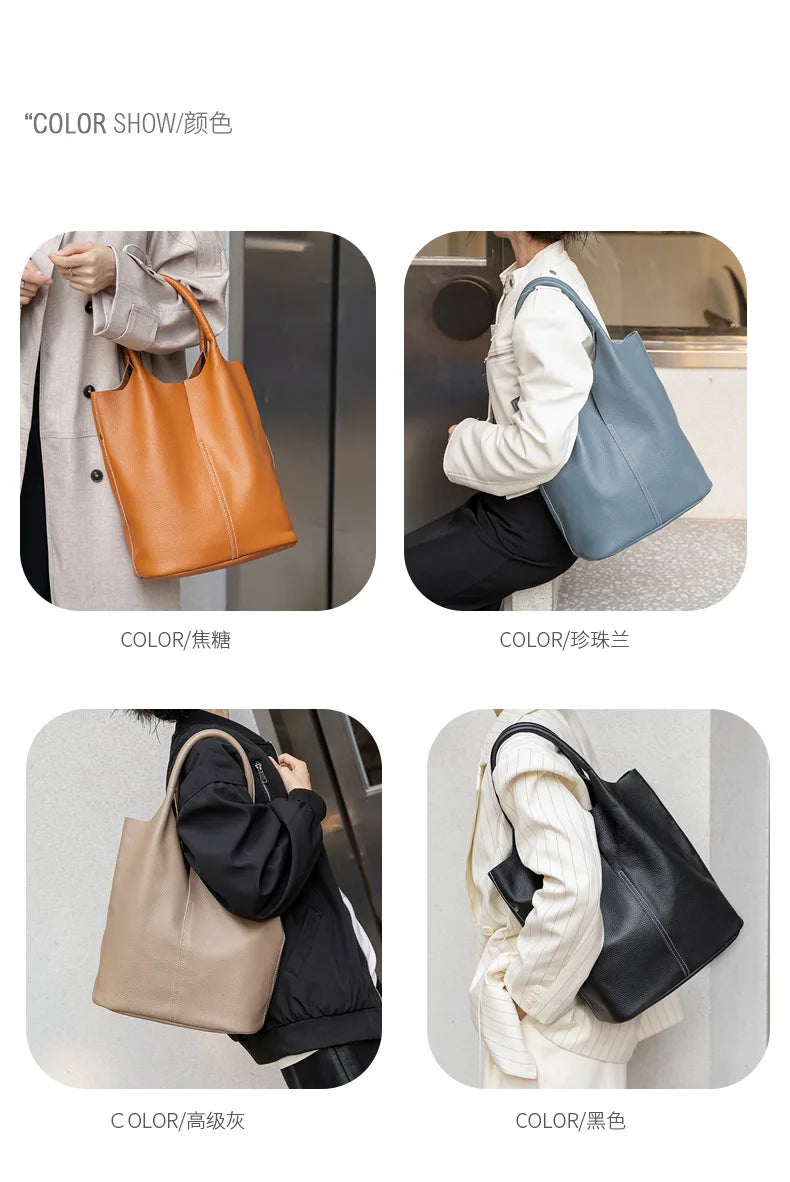 Genuine Leather Women’s Commuter Tote Bag — Soft Cowhide Shoulder Handbag, Large Capacity Bucket Bag, 2025 New