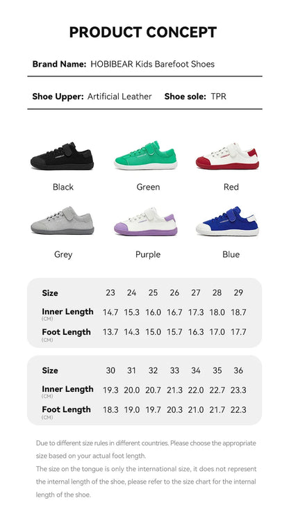 HOBIBEAR Kids Barefoot Shoes – Wide Toe Minimalist Sneakers for Boys & Girls, Lightweight Hook Loop, Artificial Leather & Fabric