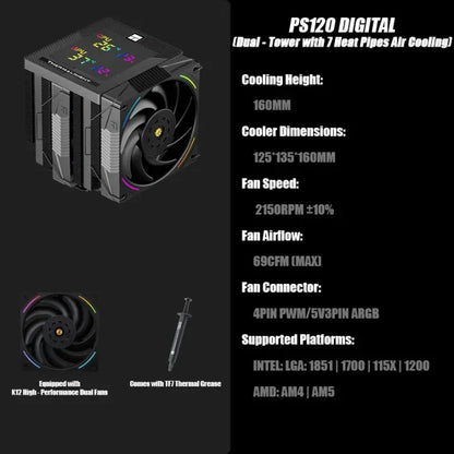 Thermalright Phantom Spirit Digital 120 EVO/SNOW CPU Air Cooler – AGHP Gen5.0 7 Heat Pipe Dual Tower High Performance Radiator with Dual TL-K12 Fans for Intel & AMD Sockets