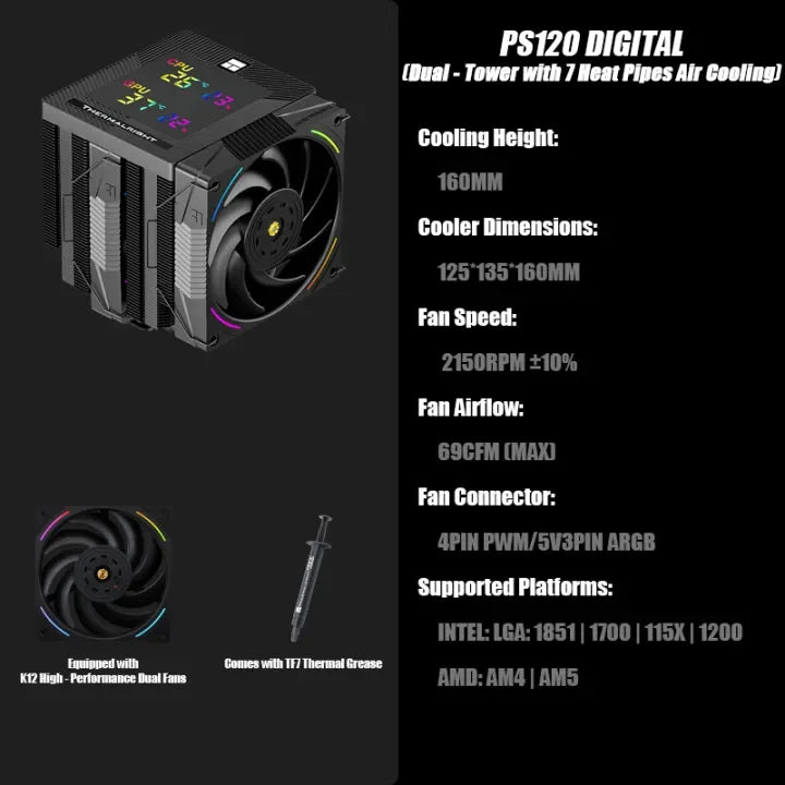 Thermalright Phantom Spirit Digital 120 EVO/SNOW CPU Air Cooler – 7 Heat Pipes Dual Tower AGHP Gen5.0 with Dual TL-K12 Fans High Performance Radiator for Intel & AMD Sockets