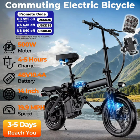 LELEKUAI 500W Folding Electric Bike for Adults – 20 MPH, 48V 10.4Ah Removable Battery, 14-Inch E-Bike with Multi-Shock Absorption