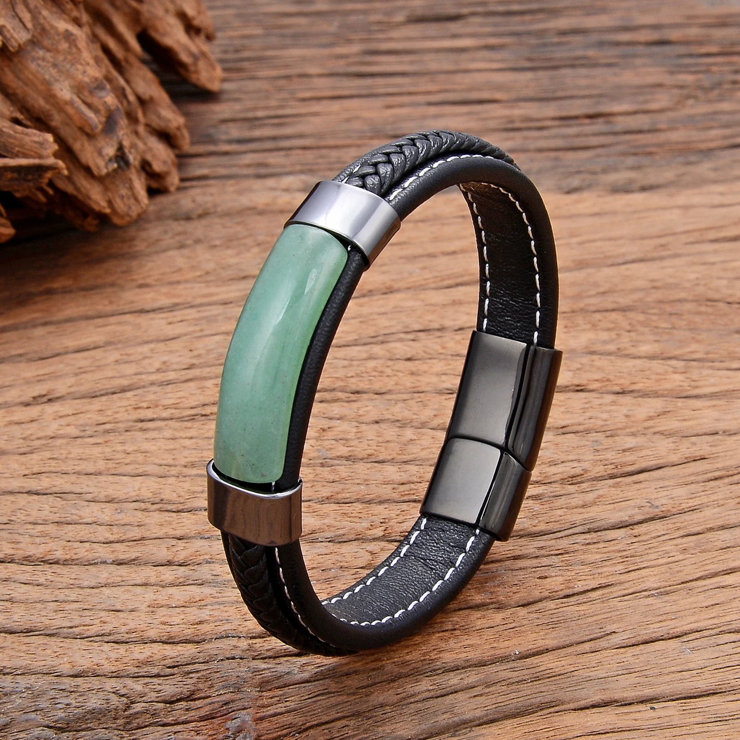 Natural Hematite & Pink Tiger Eye Stone Bracelet – Handmade Braided Leather Men’s Jewelry Bangle 2022