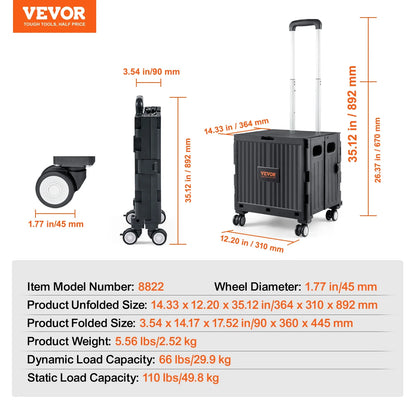 VEVOR Foldable Utility Shopping Cart with Telescopic Handle & Wheels – Portable Handcart for Travel, Office, Garden Use