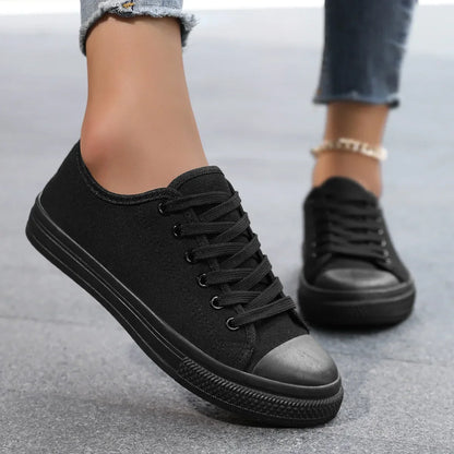 Black Canvas Shoes for Women – 2025 Spring/Autumn Casual Breathable Plimsoll Sneakers, Comfortable Style