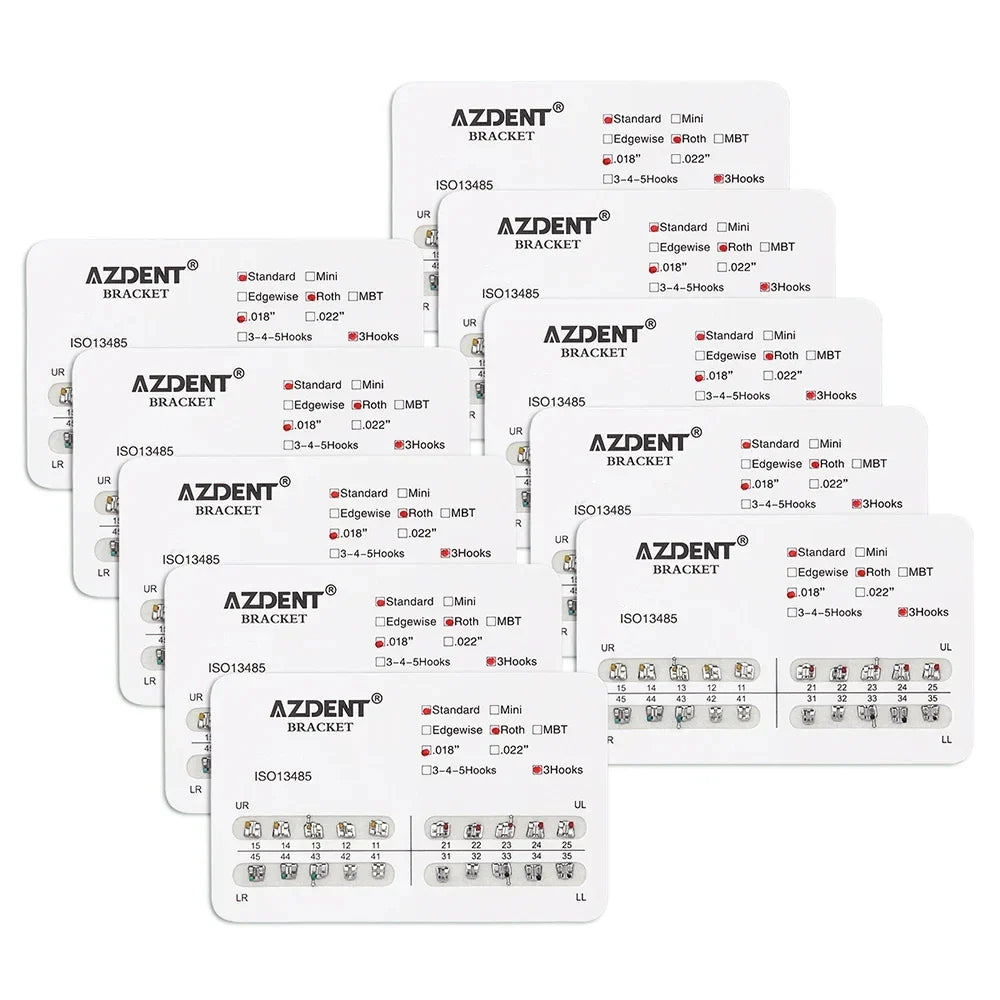 AZDENT 10 Packs Dental Brackets – Orthodontic Metal Mini Standard Roth MBT Slot 0.022/0.018 with Hooks, 20 Pcs per Pack
