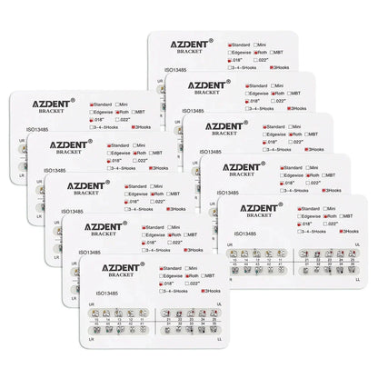 AZDENT 10 Packs Dental Brackets – Orthodontic Metal Mini Standard Roth MBT Slot 0.022/0.018 with Hooks, 20 Pcs per Pack