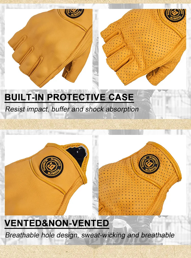 MJMOTO Retro Leather Motorcycle Half Finger Gloves – Touchscreen Motocross Gloves with Hard Shell Protection, Breathable Design