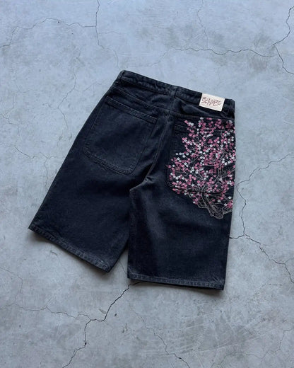 Men’s Black Floral Print Denim Shorts - Trendy Summer Casual Streetwear for Outdoor Wear