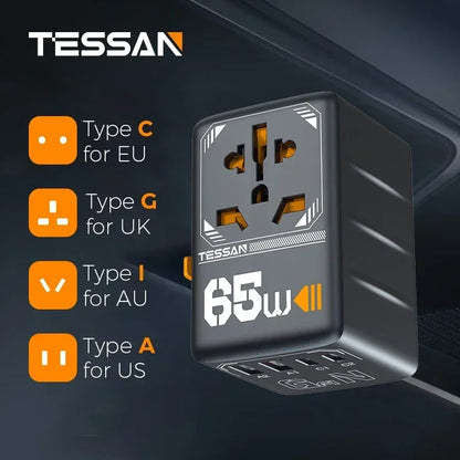 TESSAN 65W GaN International Travel Adapter – USB Type-C Universal Power Adapter with EU/UK/USA/AUS Plugs