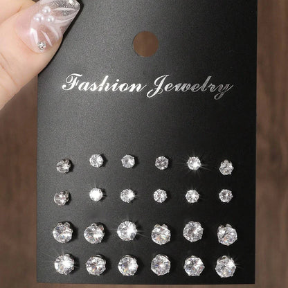 12 Pairs Luxurious Zirconia Earrings Set – Shiny Elegant Simple Stud Jewelry Gift for Parties, Couples & Daily Wear
