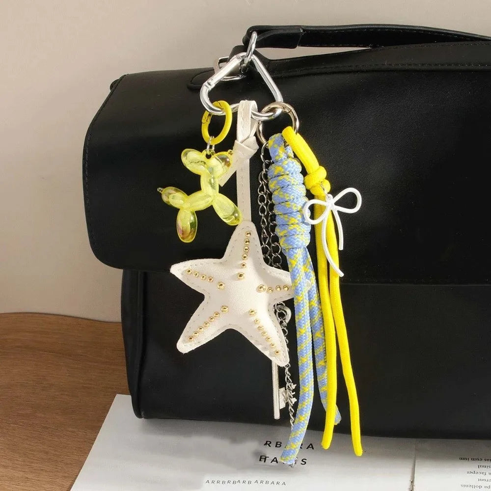 Funny Elegant Starfish Tassel Keychain – Alloy Leopard Print Leather Tulip Cartoon Frog Beaded Bag Pendant Charm for Party & Gifts