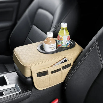 Universal Car Center Console Organizer Armrest Cover – Thickened Storage Pad with 2 Side Pockets & Dual Cup Holders for Cars & SUVs