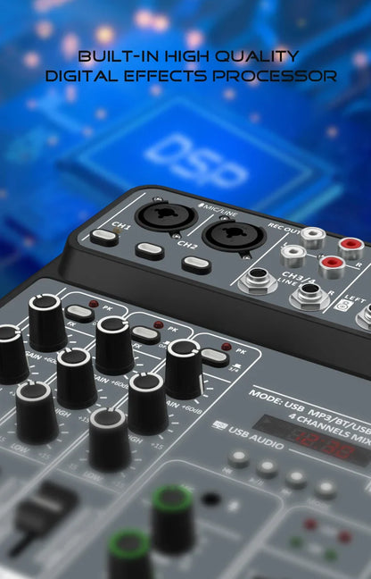 4-Channel Audio Mixer — USB Studio Mixer with 48V Phantom Power & Bluetooth for DJ & Karaoke