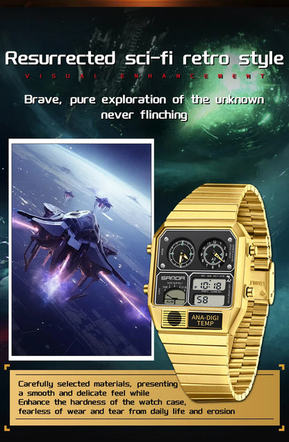 SANDA 3192 Men’s LED Square Watch — Youth Casual Multi-Function Stopwatch Thermometer Chronograph