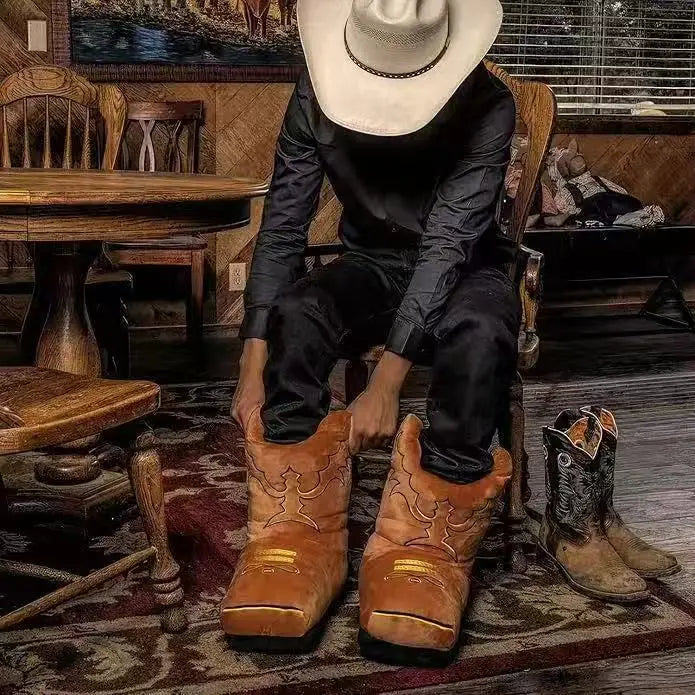 Cowboy Boot Slippers - Plush Western-Style Fuzzy House Boots for Adults