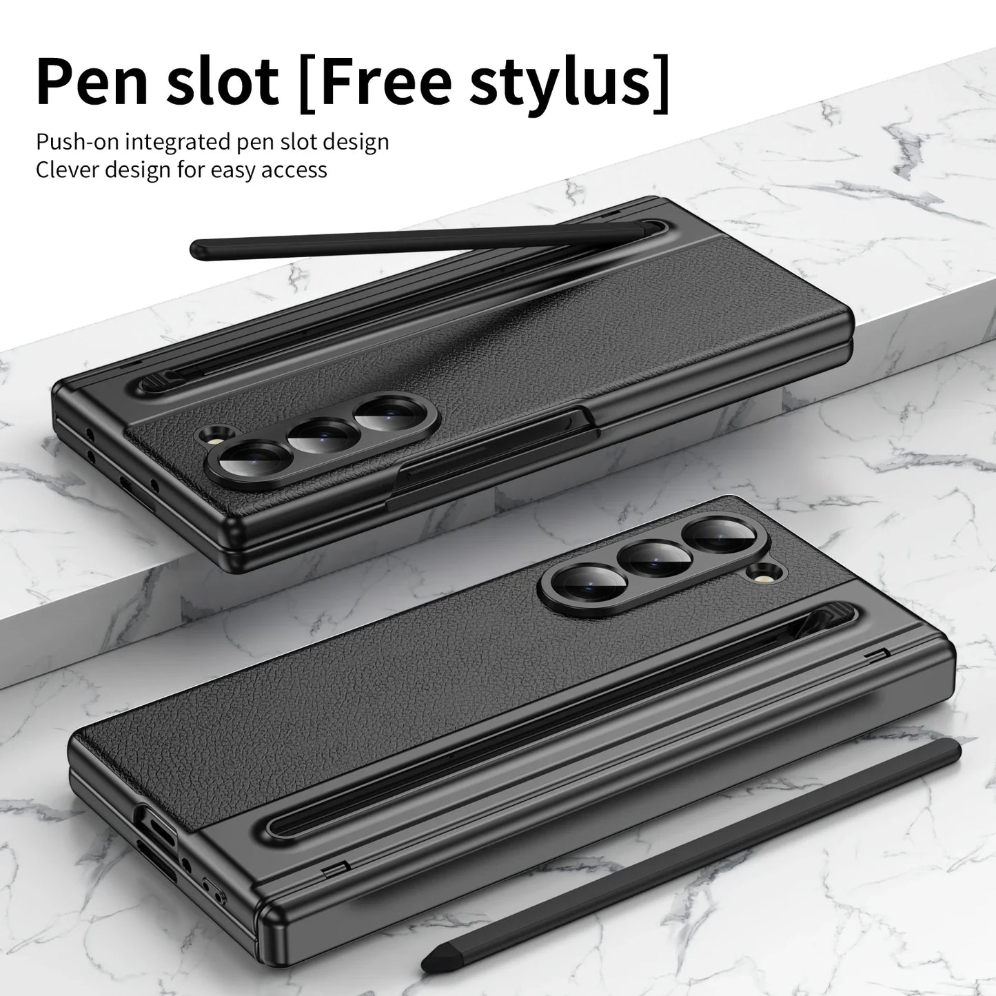 Slim Leather Case with Touch Pen for Samsung Galaxy Z Fold 6/5/W25/4/3 – Plated Hinge & Full Screen Protector Cover