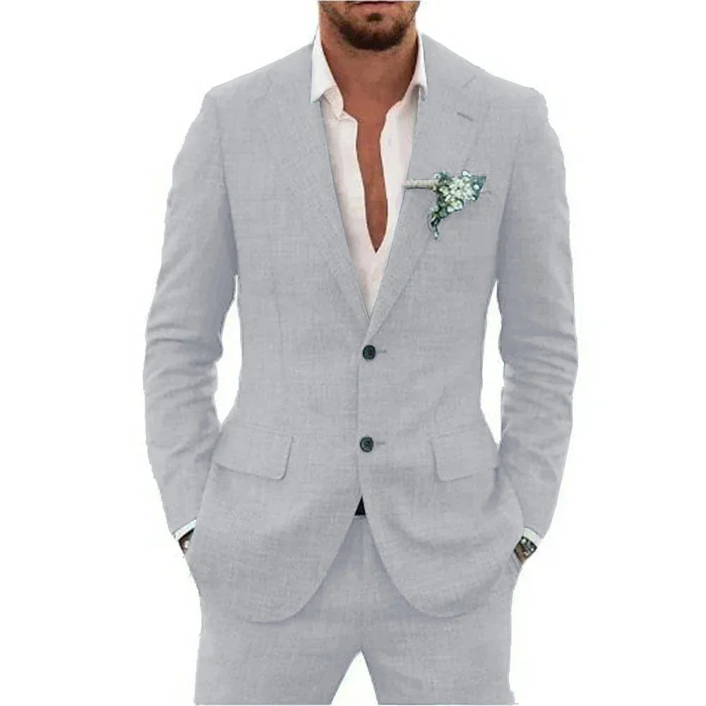 Men's Linen Suit Set - Slim Fit Notched Lapel 2 Piece Wedding & Beach Tuxedo Outfit For Summer Casual Formal Wear