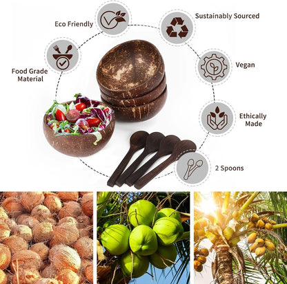 Coconut Bowls for Serving – Reusable Wooden Salad and Dish Utensils | Natural Coconut Shell Bowls for Breakfast and Parties