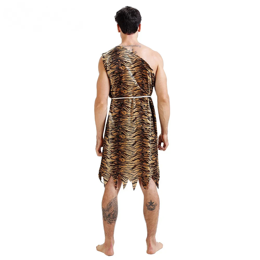 Unisex Caveman Costume - Tiger Print Prehistoric Halloween Party Cosplay Outfit