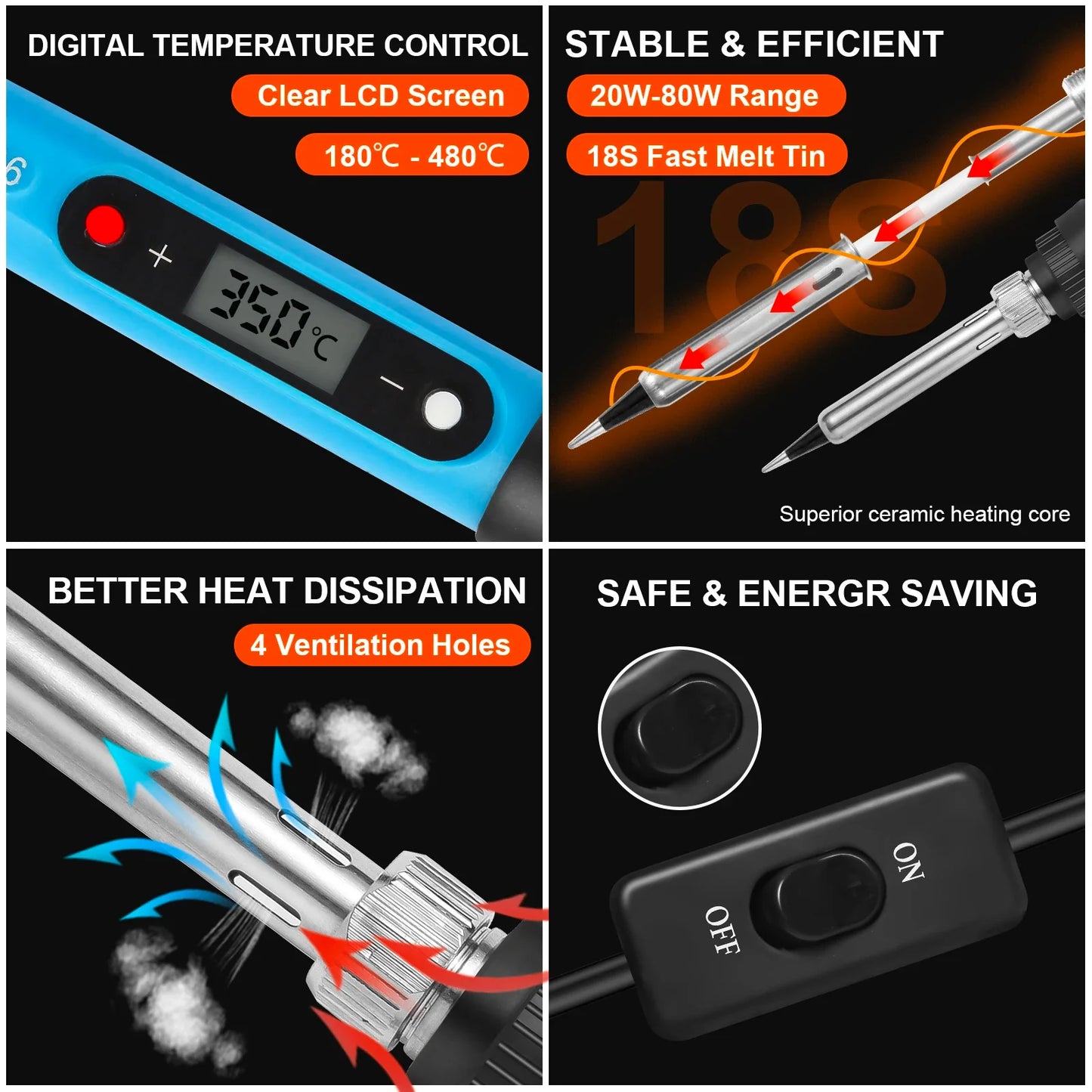 80W LCD Digital Soldering Iron Kit — Adjustable Temperature Electronics Repair Tool with Switch & Solder Tips