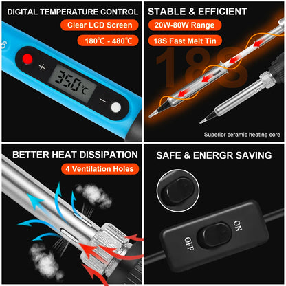 80W LCD Digital Soldering Iron Kit — Adjustable Temperature Electronics Repair Tool with Switch & Solder Tips