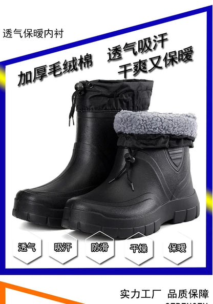 Winter Windproof Cotton Rain Boots for Men, Warm Waterproof Ankle Rain Shoes, Slip-On Fashion Work Boots, 2024