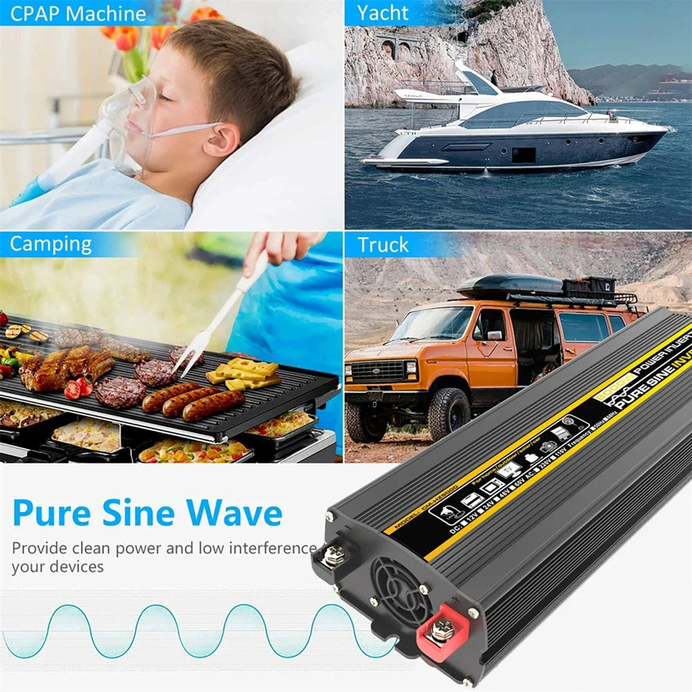3000W-8000W Pure Sine Wave Power Inverter — DC 12V to AC 220V with Digital Display