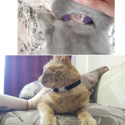 Heart Charm Cat Collar with Bell – Adjustable Safety Elastic Velvet Collar for Small Cats & Dogs, 8 Colors