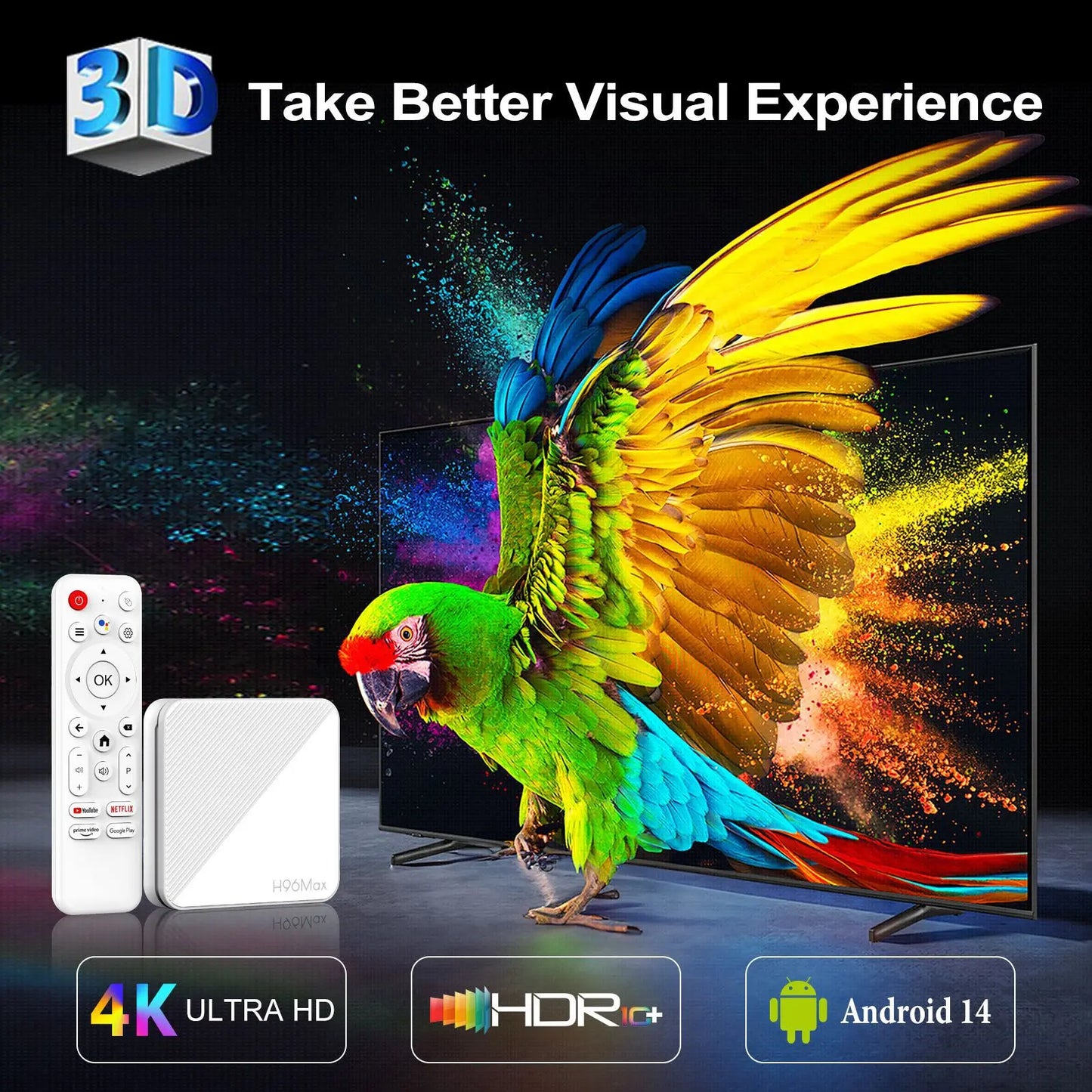 4K Android 14 Smart TV Box, 2GB RAM, 8GB/16GB Storage, HDR10+, Dual WiFi, Bluetooth, Quad-Core HD Media Player