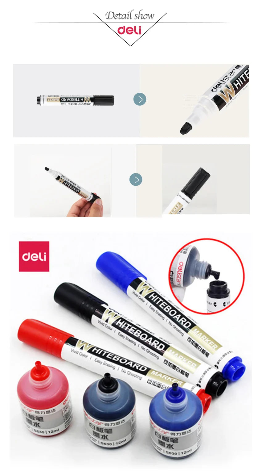 Deli Erasable Whiteboard Marker Pen Set – Dry Erase Office Marker with Ink Bottle, Blue/Black/Red for Whiteboard & Blackboard