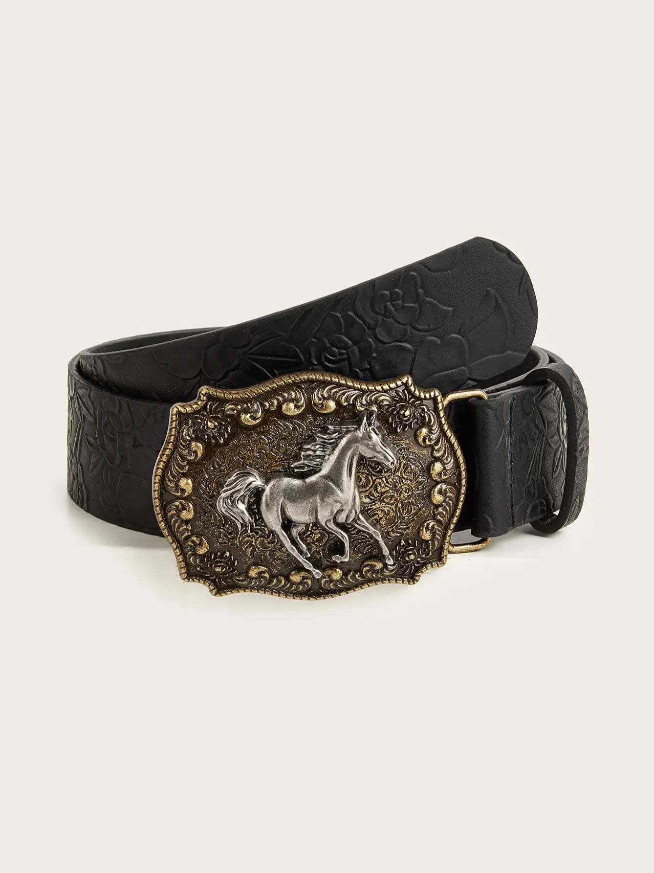 Neutral Horse Head Buckle PU Belt – Fashionable Peony Pattern Design