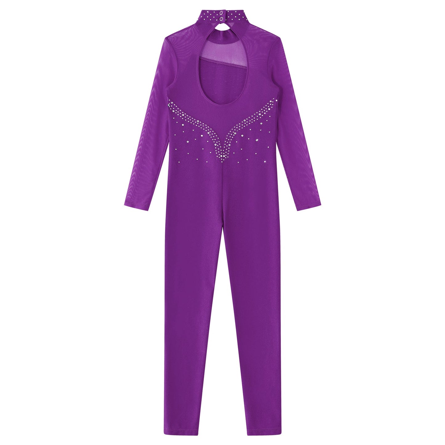 Kids Girls Long Sleeve Rhinestone Bodysuit — Full Body Dancewear Gymnastics Leotard Skating Jumpsuit
