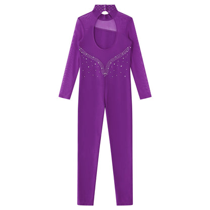 Kids Girls Long Sleeve Rhinestone Bodysuit — Full Body Dancewear Gymnastics Leotard Skating Jumpsuit