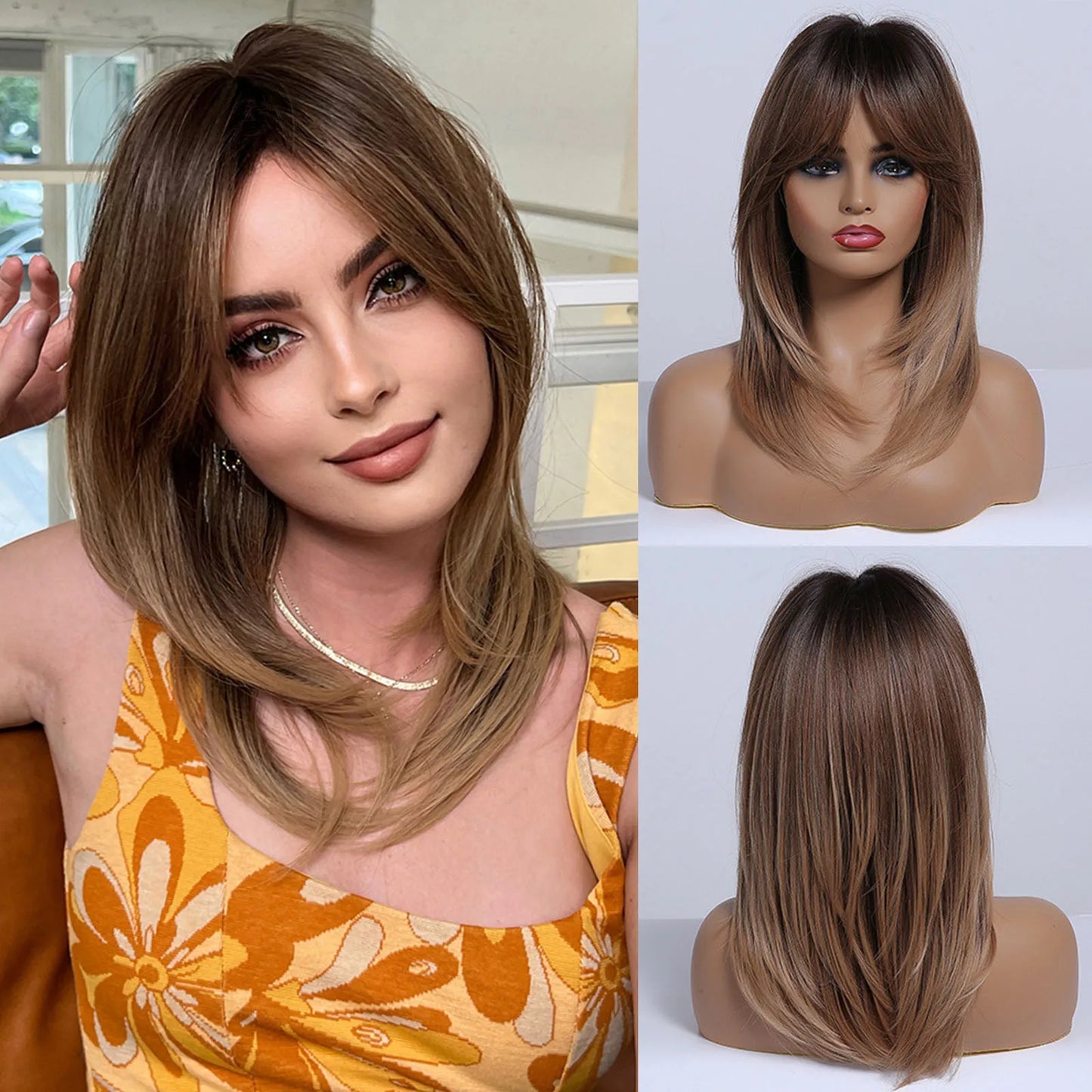 Long Straight Layered Blonde Wig with Platinum Highlights — Synthetic Hair with Bangs, Heat-Resistant for Women Daily & Cosplay