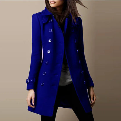 Winter Ladies Woolen Jacket – Double-Breasted Flap Lapel, Slim Fit, Elegant Solid Top Coat, Lined Women’s Outerwear 2024